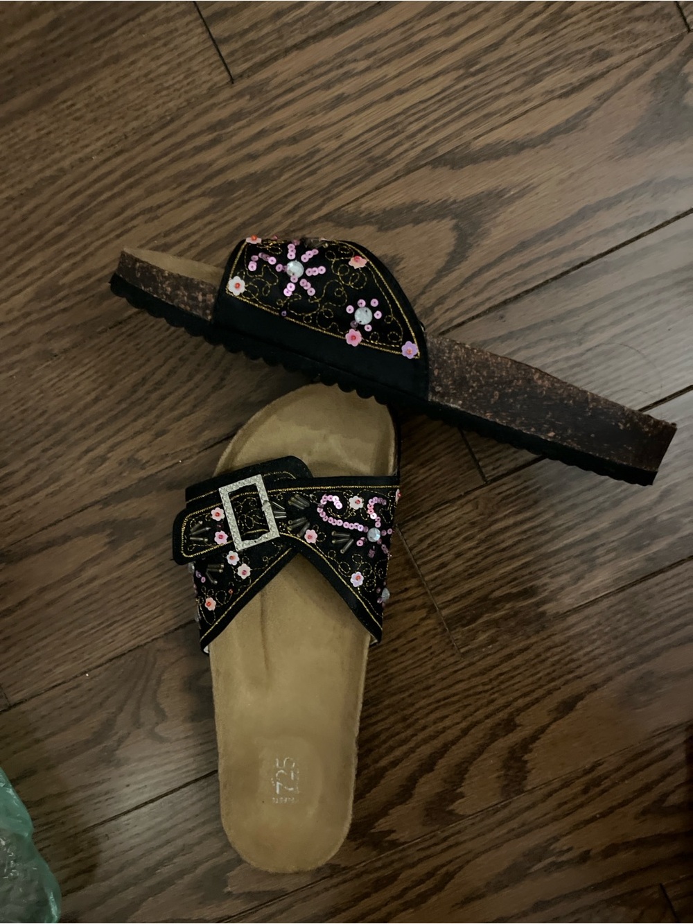 Black Slide Sandals with Pink Sequin Embroidery